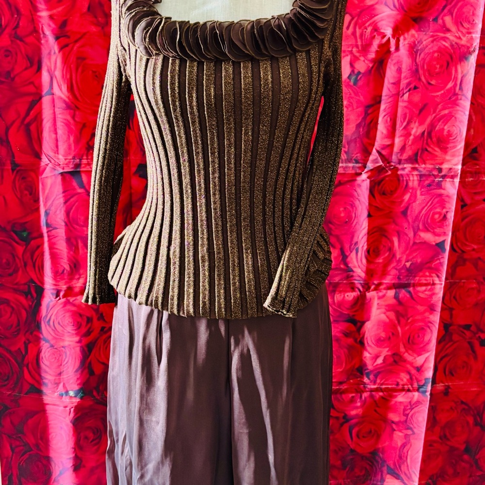 Elegant Brown Striped Women's Sweater it’s a set with flare brown sheer pants